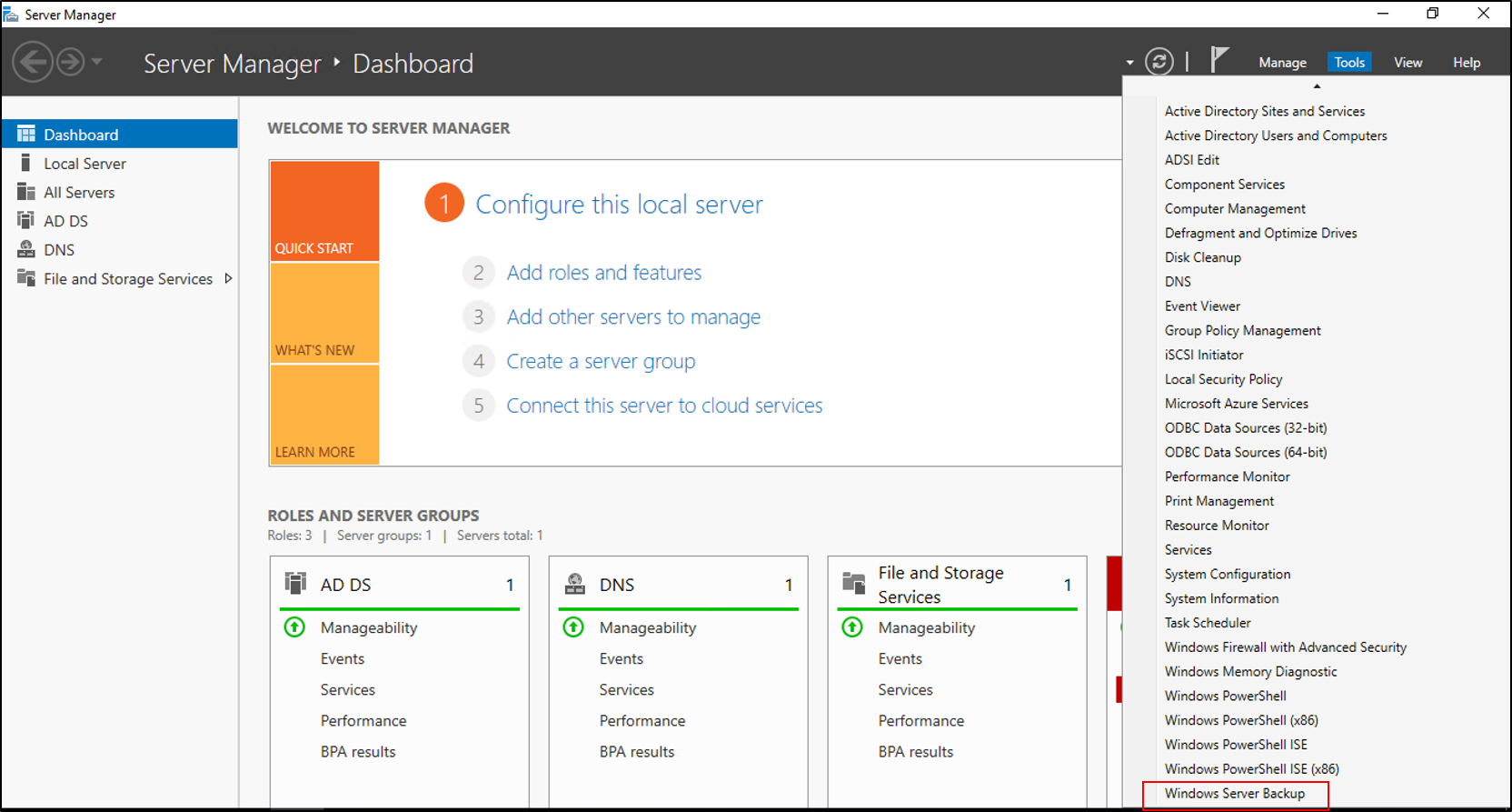 نمای واقعی Windows Server Backup در Server Manager