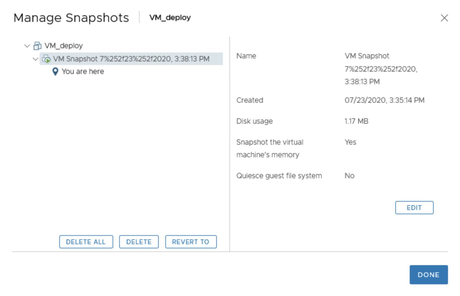 نمای واقعی Snapshot Manager در vSphere