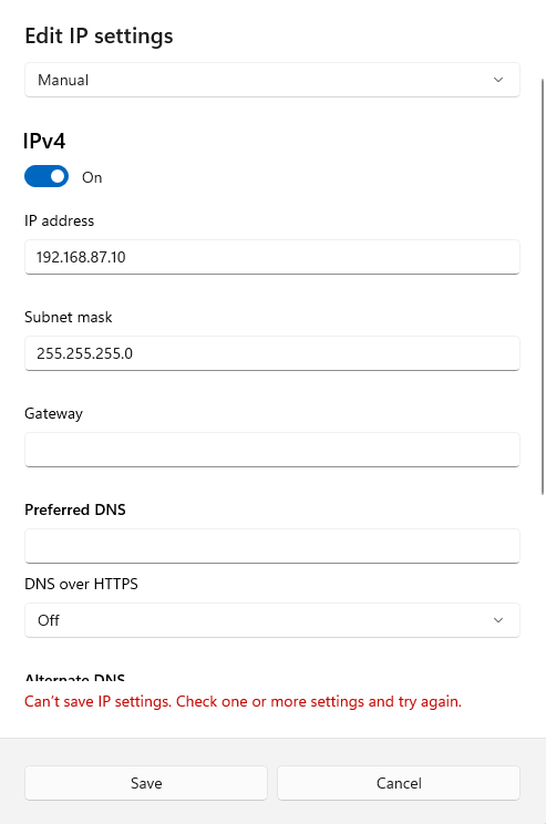 پنجره واقعی Edit IP settings در Windows 11
