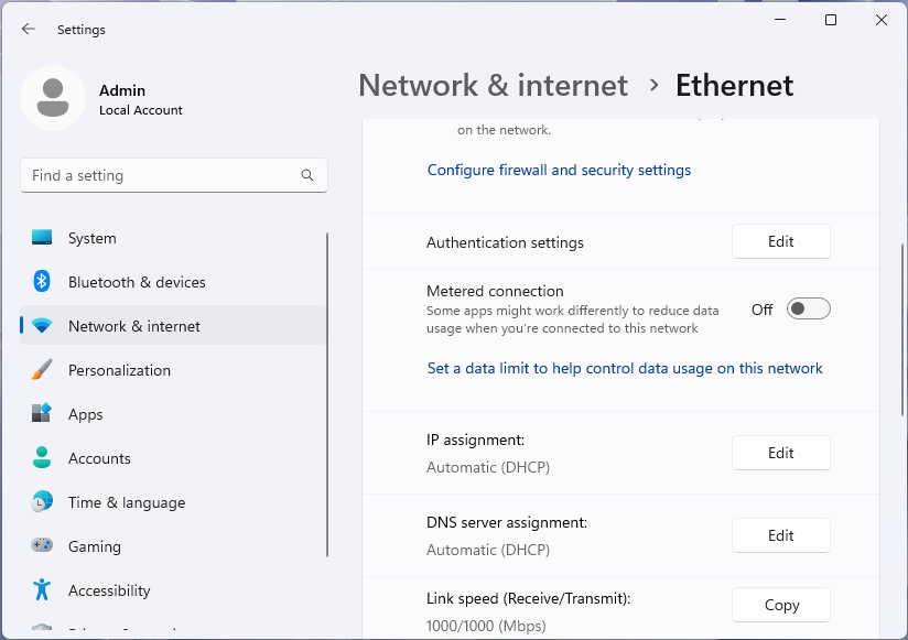 صفحه واقعی Ethernet در Windows 11 و وضعیت IP assignment و DNS server assignment