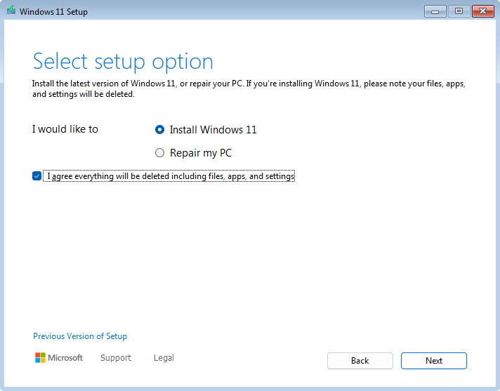 صفحه واقعی Windows 11 Setup هنگام انتخاب گزینه نصب